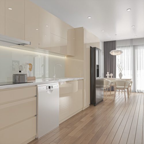 Tủ bếp inox cánh nhựa Acrylic chữ I44
