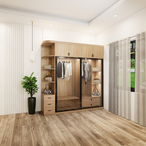 Tủ quần áo 5 buồng cánh kính lùa ray giảm chấn màu sồi có ô trang trí mẫu 6 (1)