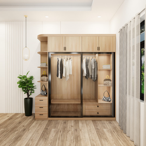 Tủ quần áo 5 buồng cánh kính lùa ray giảm chấn màu sồi có ô trang trí mẫu 6 (2)