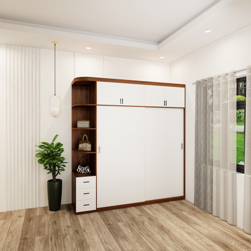 Tủ quần áo 5 buồng cánh lùa ray giảm chấn màu óc chó cánh trắng có ô trang trí mẫu 05 (1)