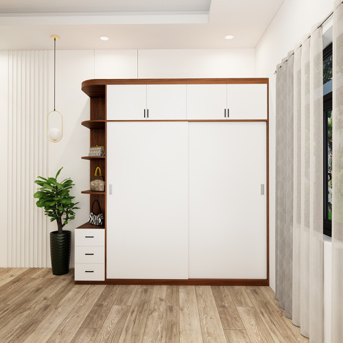 Tủ quần áo 5 buồng cánh lùa ray giảm chấn màu óc chó cánh trắng có ô trang trí mẫu 05 (2)