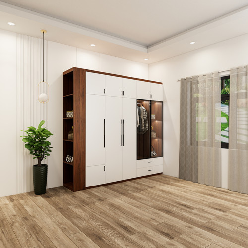 tủ 6 buồng màu óc chó cánh trắng có cánh kính ô trang trí mẫu 6 (1)