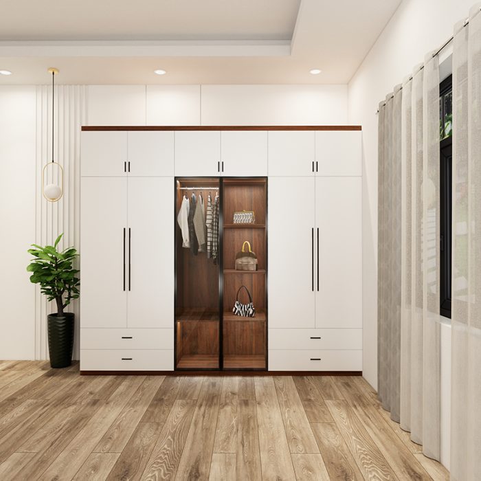 tủ 6 buồng màu óc chó có cánh kính và cánh trắng mẫu 2 (2)