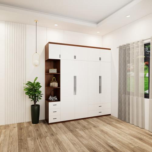 tủ quần áo 5 buồng màu óc chó cánh trắng có ô trang trí mẫu 3 (1)