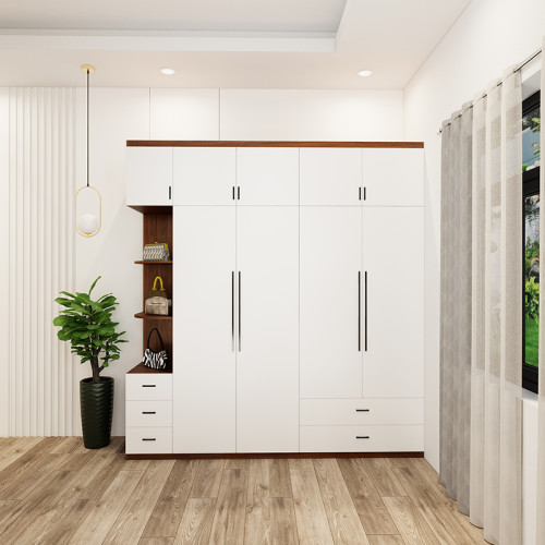 tủ quần áo 5 buồng màu óc chó cánh trắng có ô trang trí mẫu 3 (2)