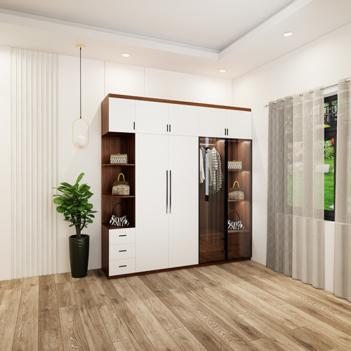 tủ quần áo 5 buồng màu óc chó cánh trắng có ô trang trí và cánh kính mẫu 4 (1)