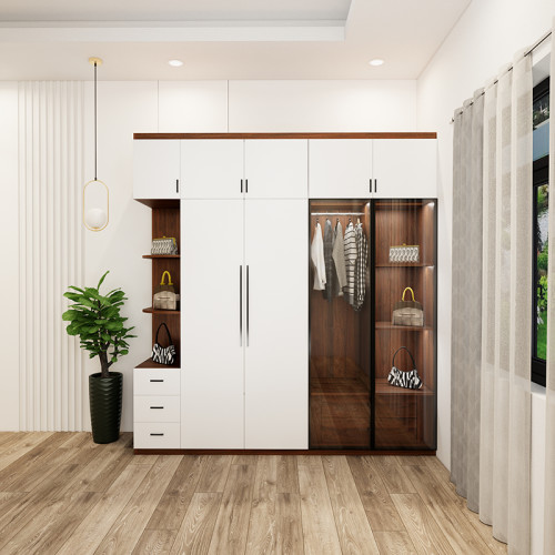tủ quần áo 5 buồng màu óc chó cánh trắng có ô trang trí và cánh kính mẫu 4 (2)