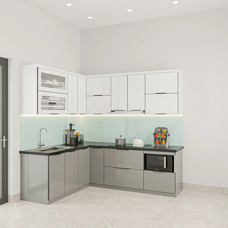 Mẫu tủ bếp cánh acryli mầu ghi sáng trắng chữ L