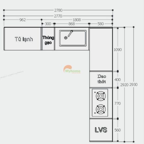 Mặt bằng tủ bếp inox cánh kính chữ L 2.8x2.9m