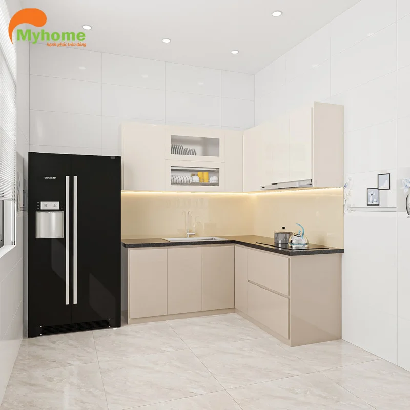 Mẫu tủ bếp cánh acrylic mầu kem chữ L