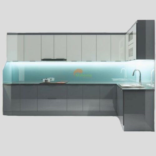 tủ bếp inox cánh kính chữ L 3.7x2.1m 1