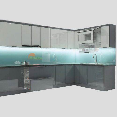 tủ bếp inox cánh kính chữ L 3.7x2.1m 2