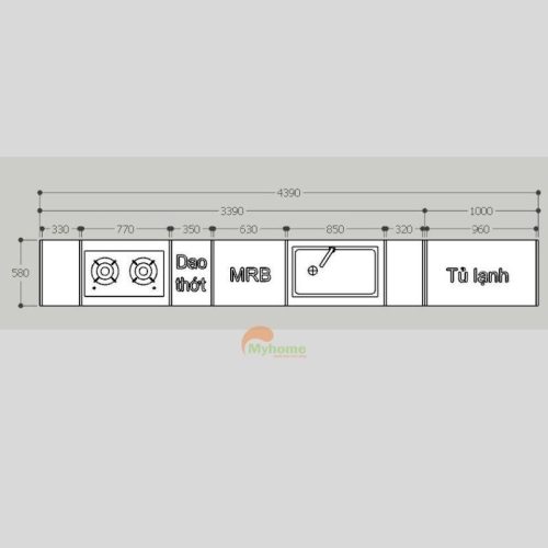 Mặt bằng tủ bếp inox cánh kính chữ I 4.4m