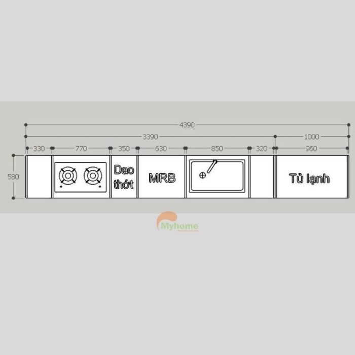 Mặt bằng tủ bếp inox cánh kính chữ I 4.4m