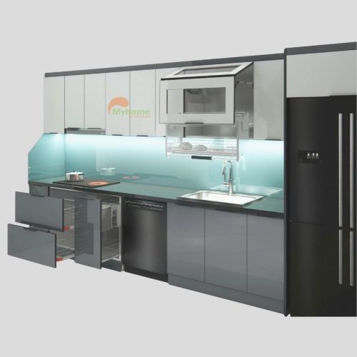 Mẫu tủ bếp inox cánh kính chữ I 4.4m-1