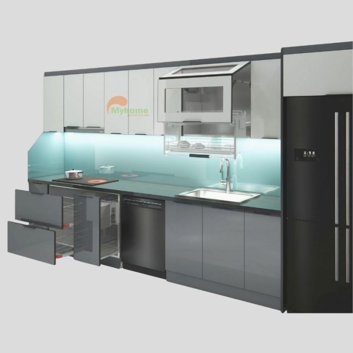 Mẫu tủ bếp inox cánh kính chữ I 4.4m-1