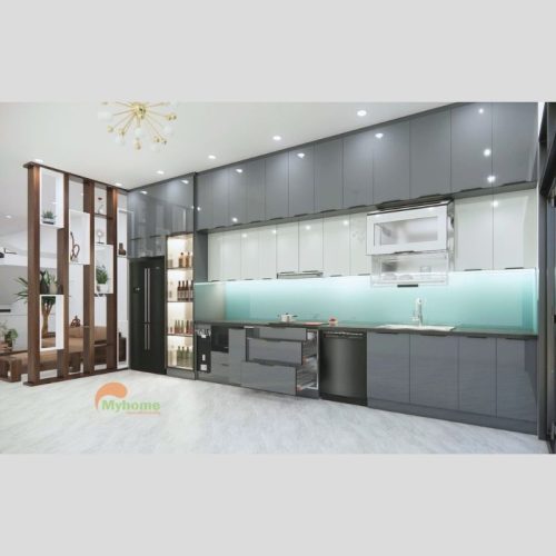 Tủ bếp inox cánh kính chữ I dài 6m-2