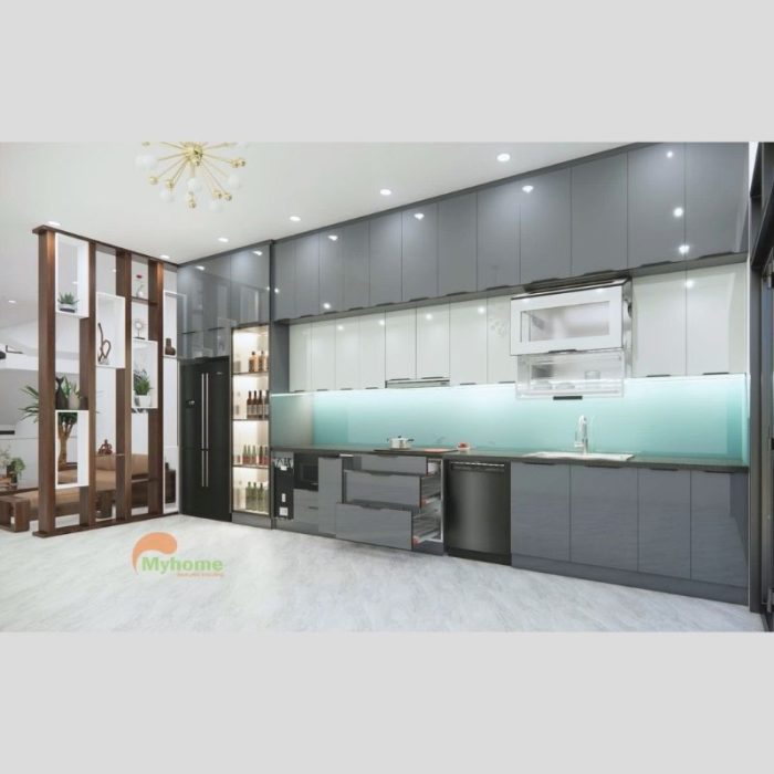 Tủ bếp inox cánh kính chữ I dài 6m-2