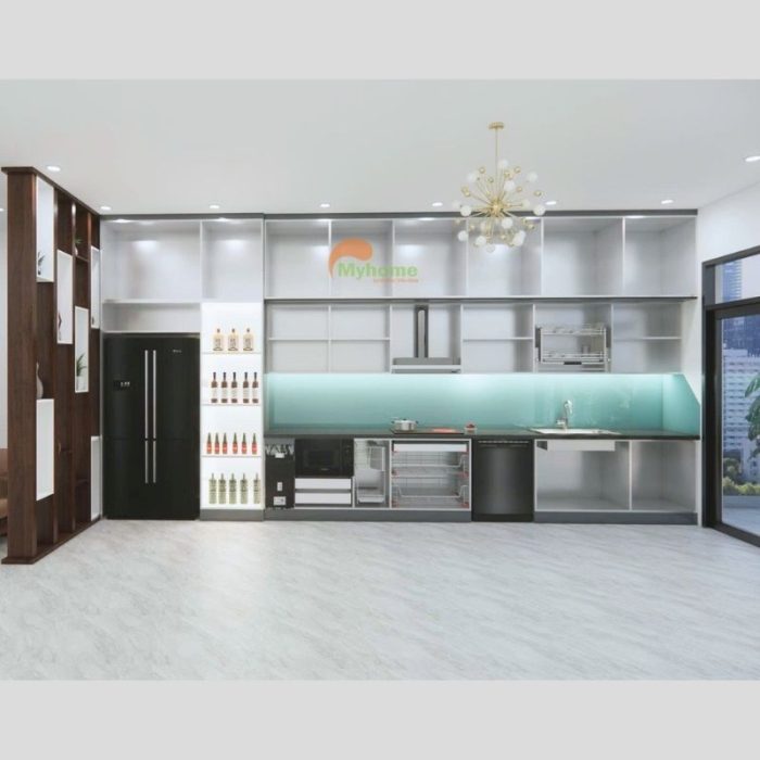 Kết cấu bên trong Tủ bếp inox cánh kính chữ I dài 6m
