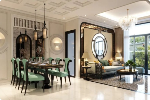 Thiết kế nội thất phòng khách liền bếp nội thất kiểu Indochine