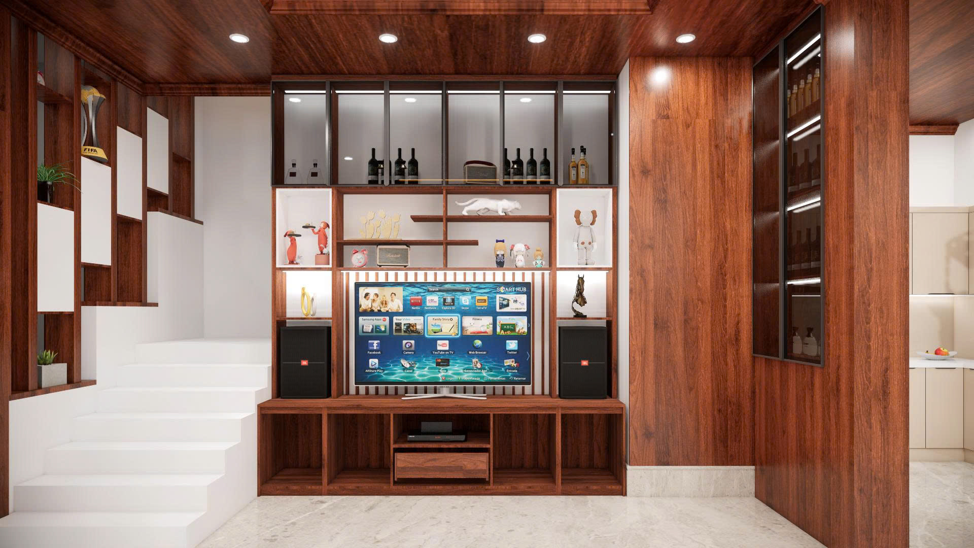 Cải tạo phòng khách - Vách tivi hiện đại kết hợp tủ rượu