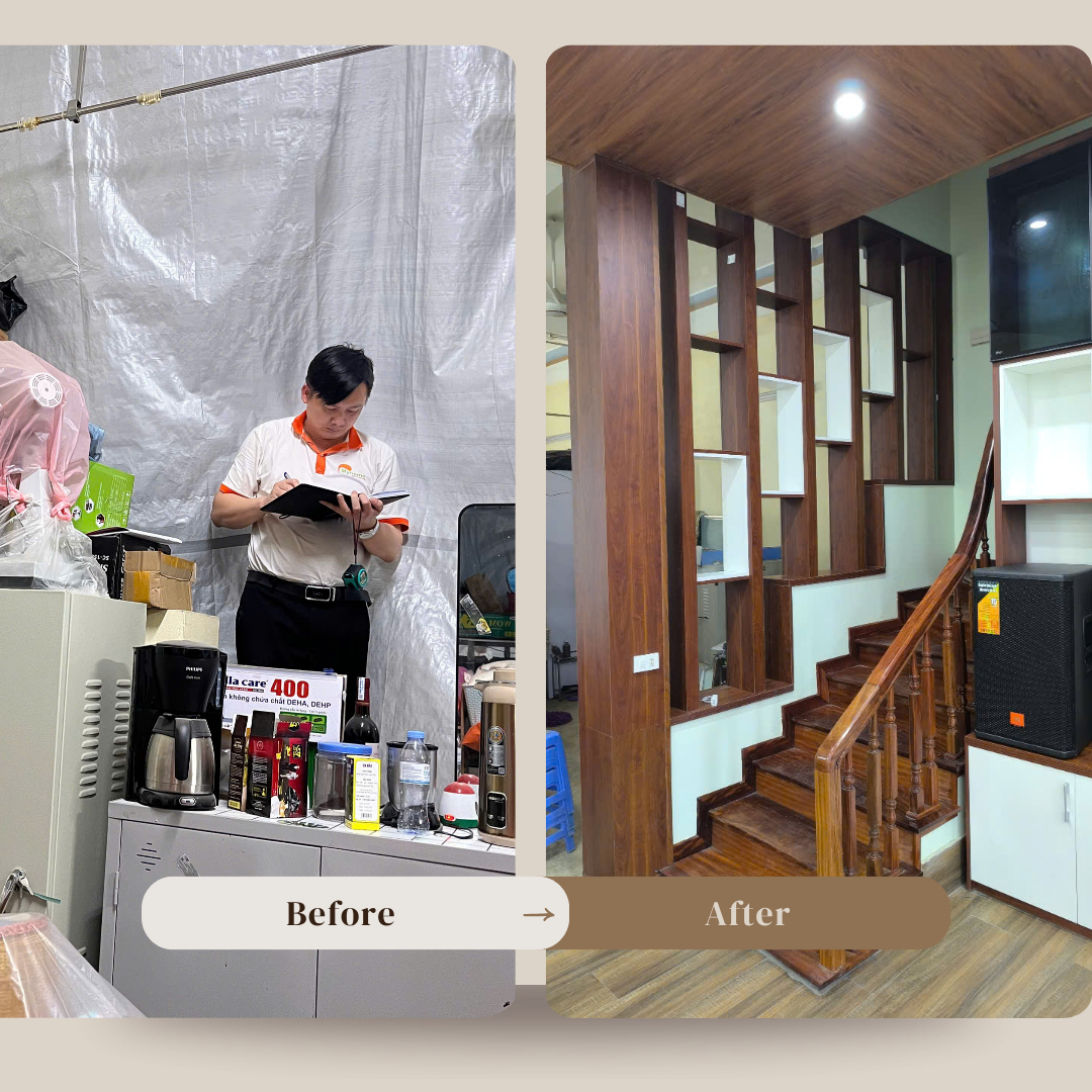 Vách ngăn cầu thang gỗ MDF kết hợp kính cường lực ngăn điều hòa