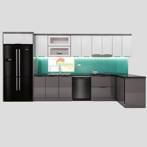 Tủ bếp inox cánh kính chữ L 4.4x1.4m