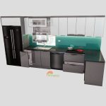 Tủ bếp inox cánh kính chữ L tích hợp phụ kiện thông minh