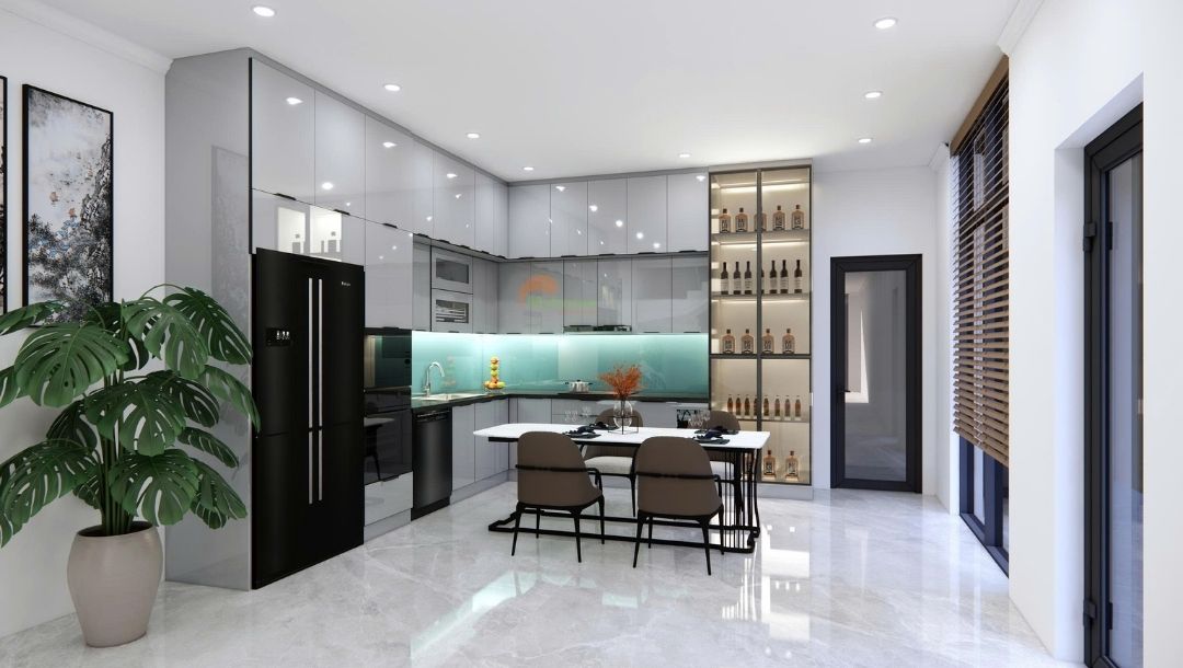 Tủ bếp inox cánh kính cường lực sơn màu đa dạng, tuy chọn