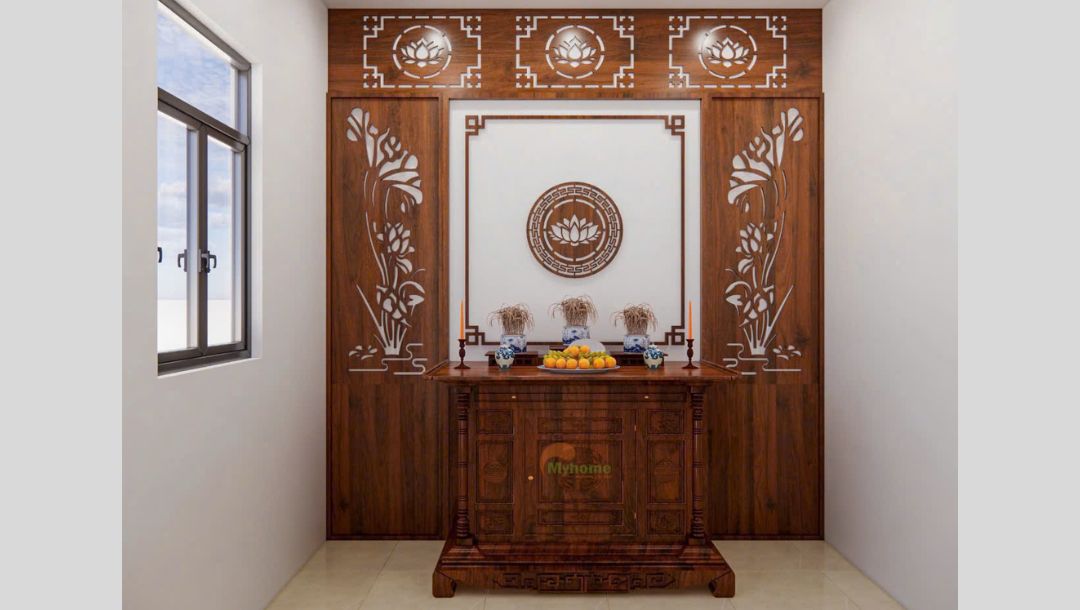 Thiết kế nội thất phòng thờ mang đậm phong cách truyền thống với vách CNC gỗ MDF đơn giản