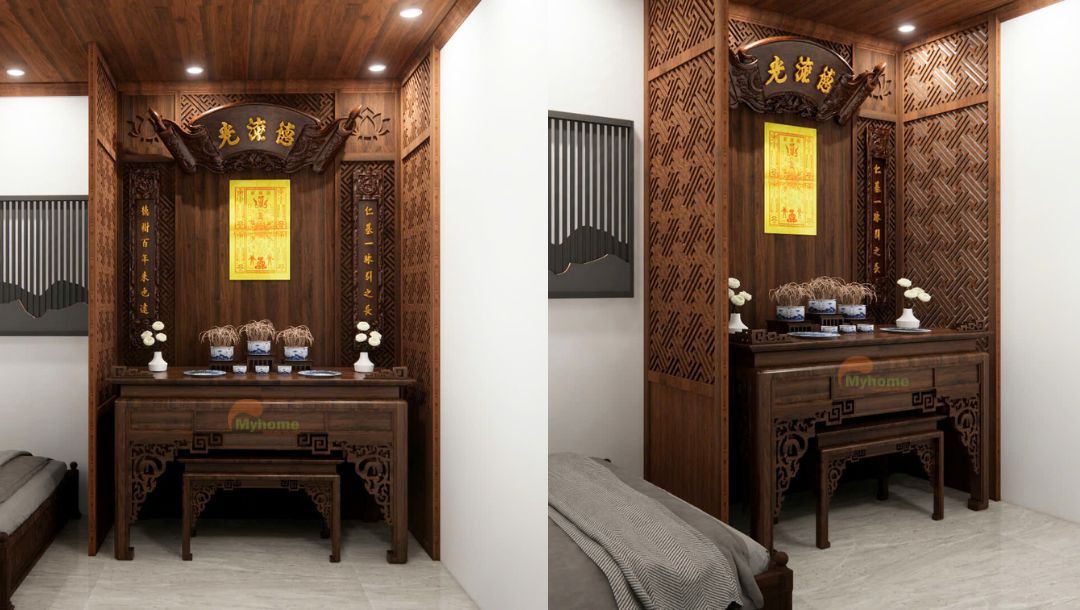 Phòng thờ phong cách tối giản, kết hợp vách CNC ngăn chia không gian