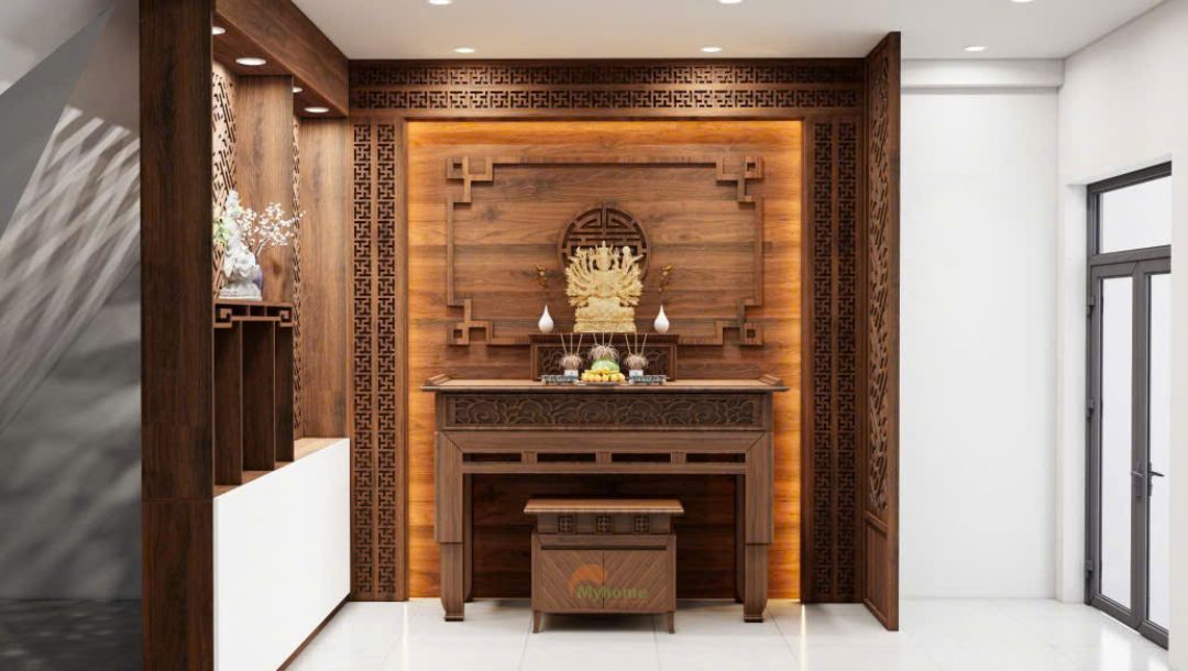 Phòng thờ hiện đại được gia chủ đầu tư về hình thức chứ không còn đơn điệu như trước. Với vật liệu gỗ MDF sẽ làm cho gian thờ gia đình bạn trở nên ấm cúng và tiết kiệm được chi phí đáng kể