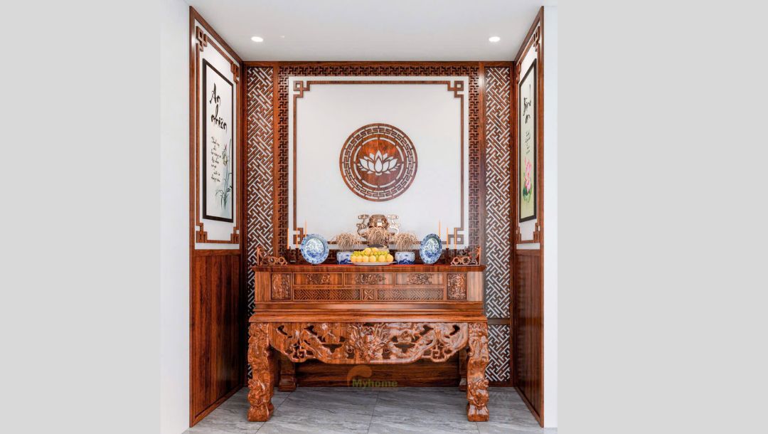 Phòng thờ được thiết kế với không gian ấm cúng bằng vách ngăn CNC gỗ MDF lõi xanh chống ẩm
