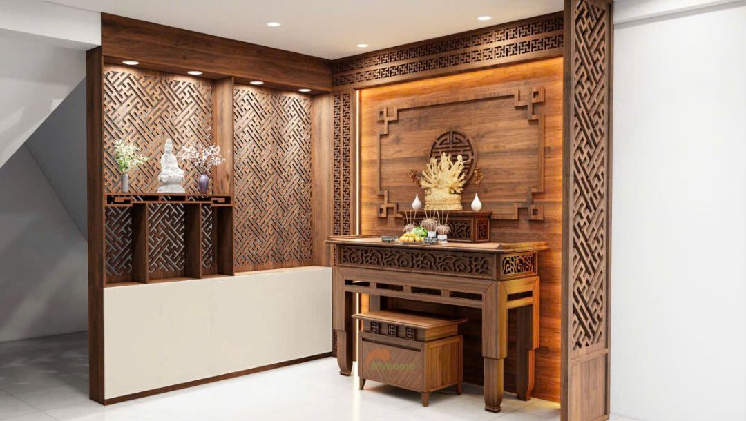 Phòng thờ được thiết kế tỉ mỉ, từng họa tiết, hoa văn được cắt CNC được cắt chuẩn chỉ, đẹp mắt, phong cách hiện đại.