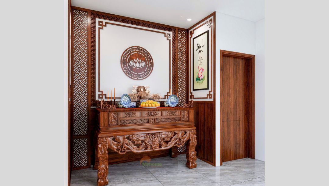 Vách ngăn phòng thờ tạo nên sự riêng tư, ấm cúng trọn vẹn.