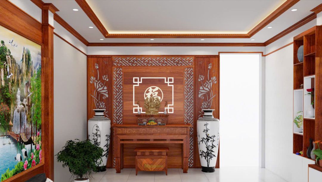 Vách CNC phòng thờ được thiết kế cách điệu. Vẫn đảm bảo sự ấm cúng, linh thiêng của gian thờ.