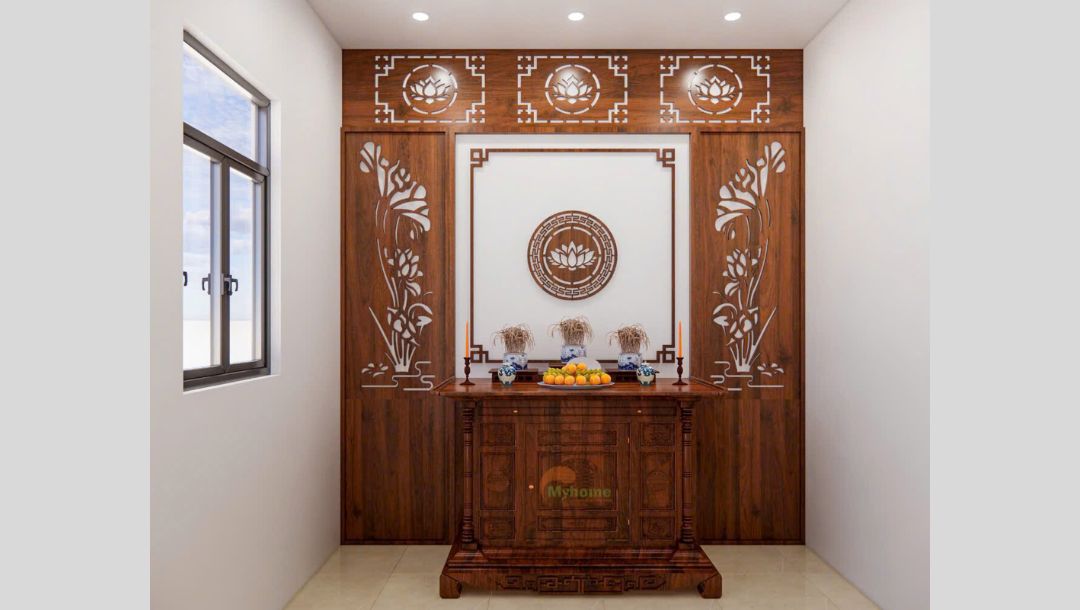 Vách thờ gỗ MDF tông màu melamin 911, cốt gỗ lõi xanh chống ẩm không ẩm mốc
