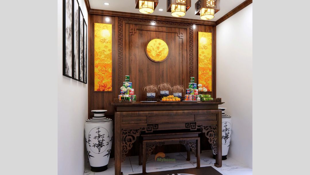 Không gian phòng thờ sang trọng, ốp gỗ kết hợp đèn led âm trần và tranh kính in 3D