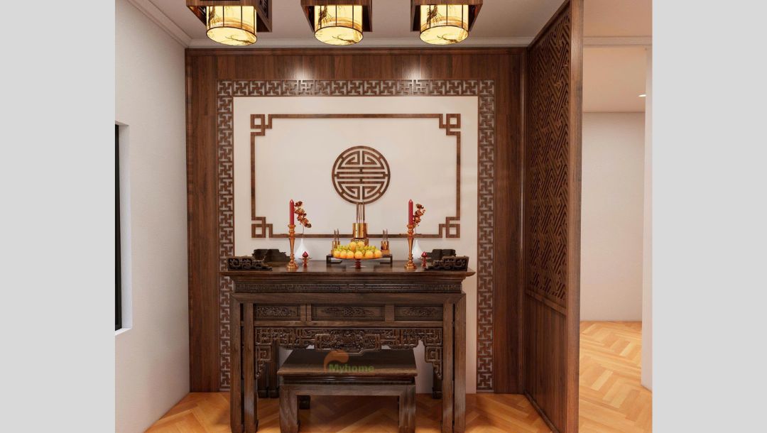 Mẫu ốp phòng thờ hiện đại tối giản, sử dụng gỗ công nghiệp phủ melamine chống xước.