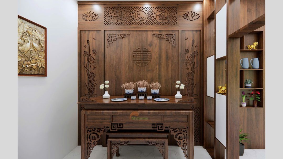 vách ốp phòng thờ gỗ MDF phủ Melemin tông màu gỗ óc chó hiện đại