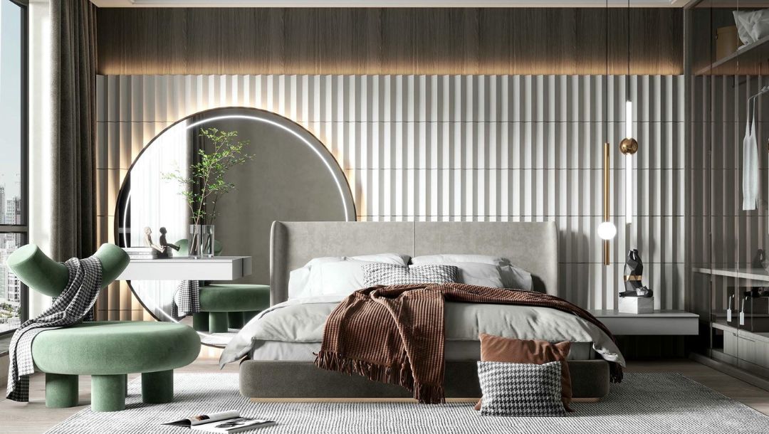 Phùng ngủ được thiết kế tinh tế. Các điểm nhấn như gương soi giúp tạo cảm giác rộng rãi, thoáng đãng cho căn phòng.