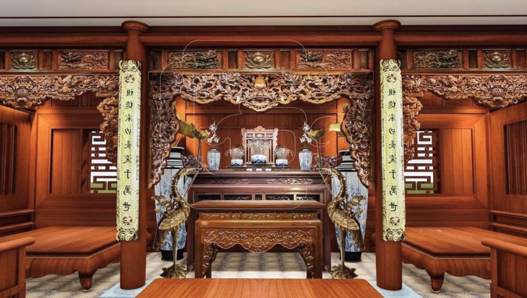 Trang trí phòng thờ phong cách truyền thống, sử dụng gỗ tự nhiên, trạm trổ rồng phượng
