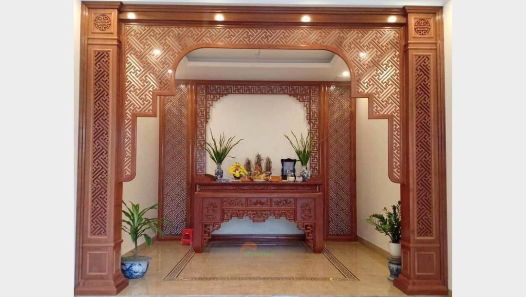 Phòng thờ dược thiết kế tỉ mỉ từng chi tiết với sự kết hợp hoa văn CNC độc đáo