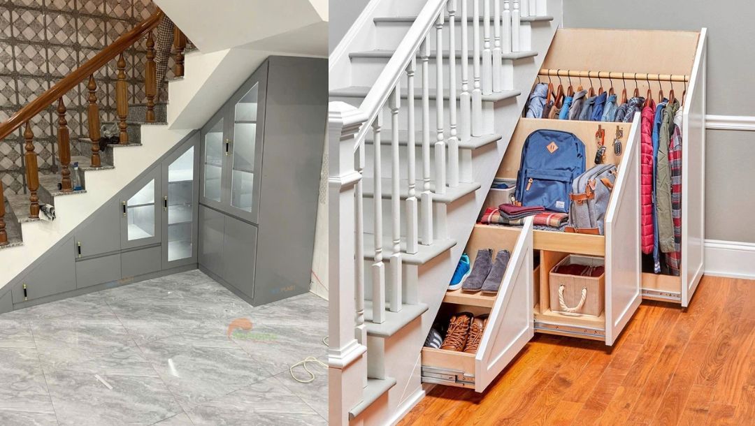 Với thiết kế thông minh, gầm cầu thang gần như được tận dụng triệt để với giá kéo ra kéo vào tiện lợi
