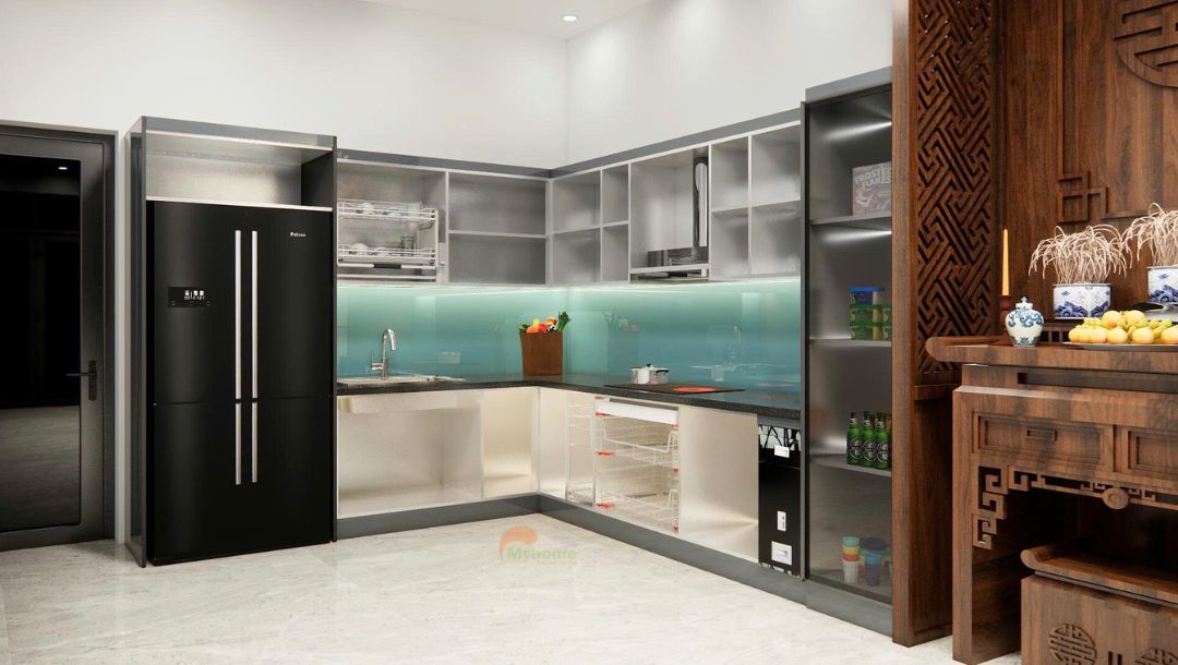 Thiết kế công năng, vị trí phụ kiện, thiết bị bếp đầy đủ. Giúp nâng tầm trải nghiệm của gia chủ