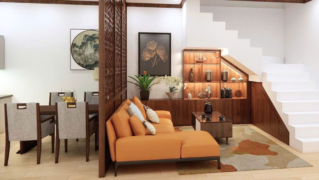 Khu vực gầm cầu thang bỗng biến thành vị trí tiếp khách chill hết nấc. Với thiết kế nhẹ nhàng, không gian thơ mộng, làm nổi bật một góc nhà