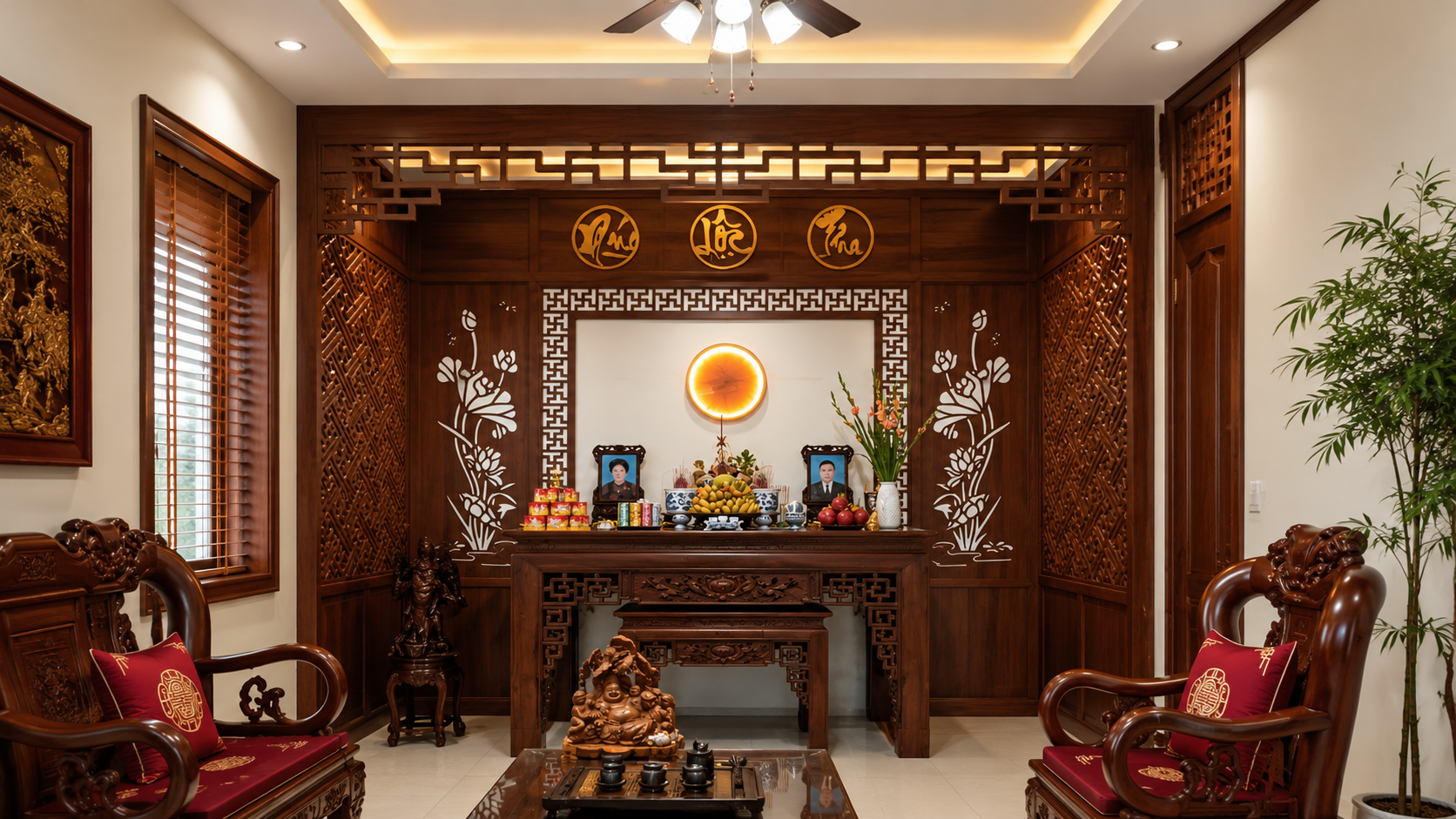 Công trình thực tế nội thất phòng thờ gỗ truyền thống do Myhome thi công