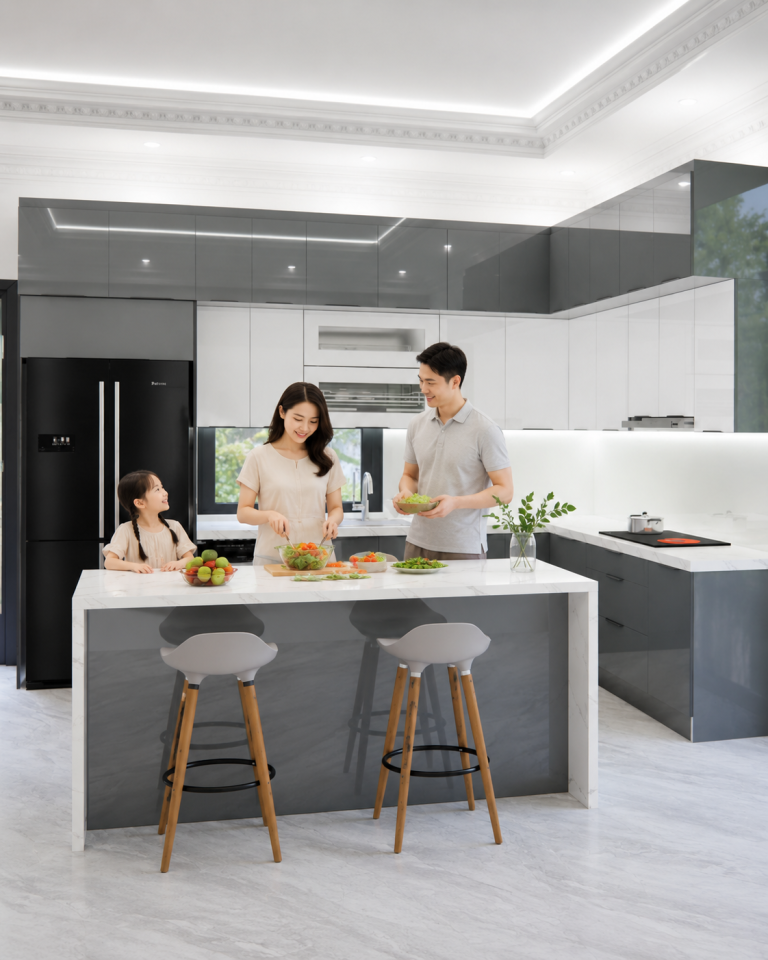 Gia đình trẻ trong không gian tủ bếp inox hiện đại của Myhome