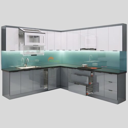 Tủ bếp inox cánh kính chữ L kích thước 2.6x3.1m tông màu ghi trắng.