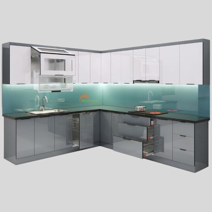 Tủ bếp inox cánh kính chữ L kích thước 2.6x3.1m tông màu ghi trắng.